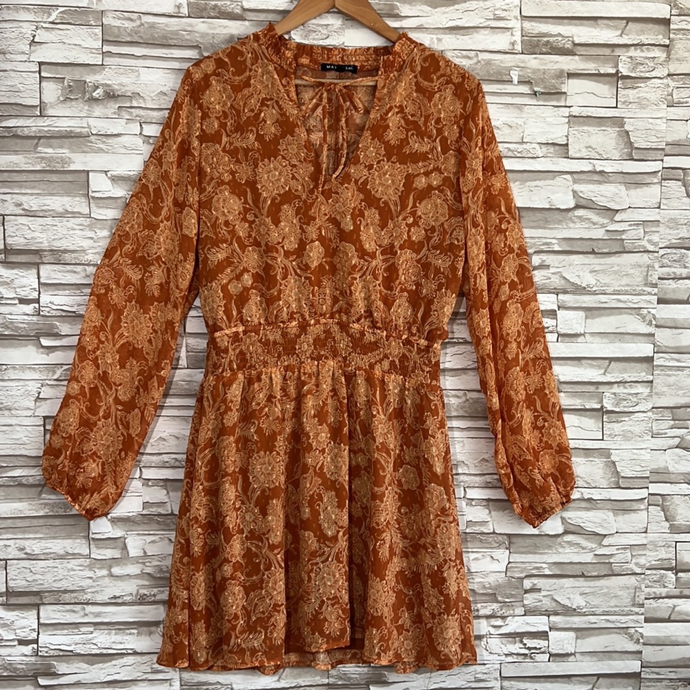 MAX + ASH Rust Flutter Sleeve Flora Dress